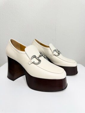 Gucci Malaga Kid Horsebit Platform Loafers In Mystic White / Ivory Size 37.5